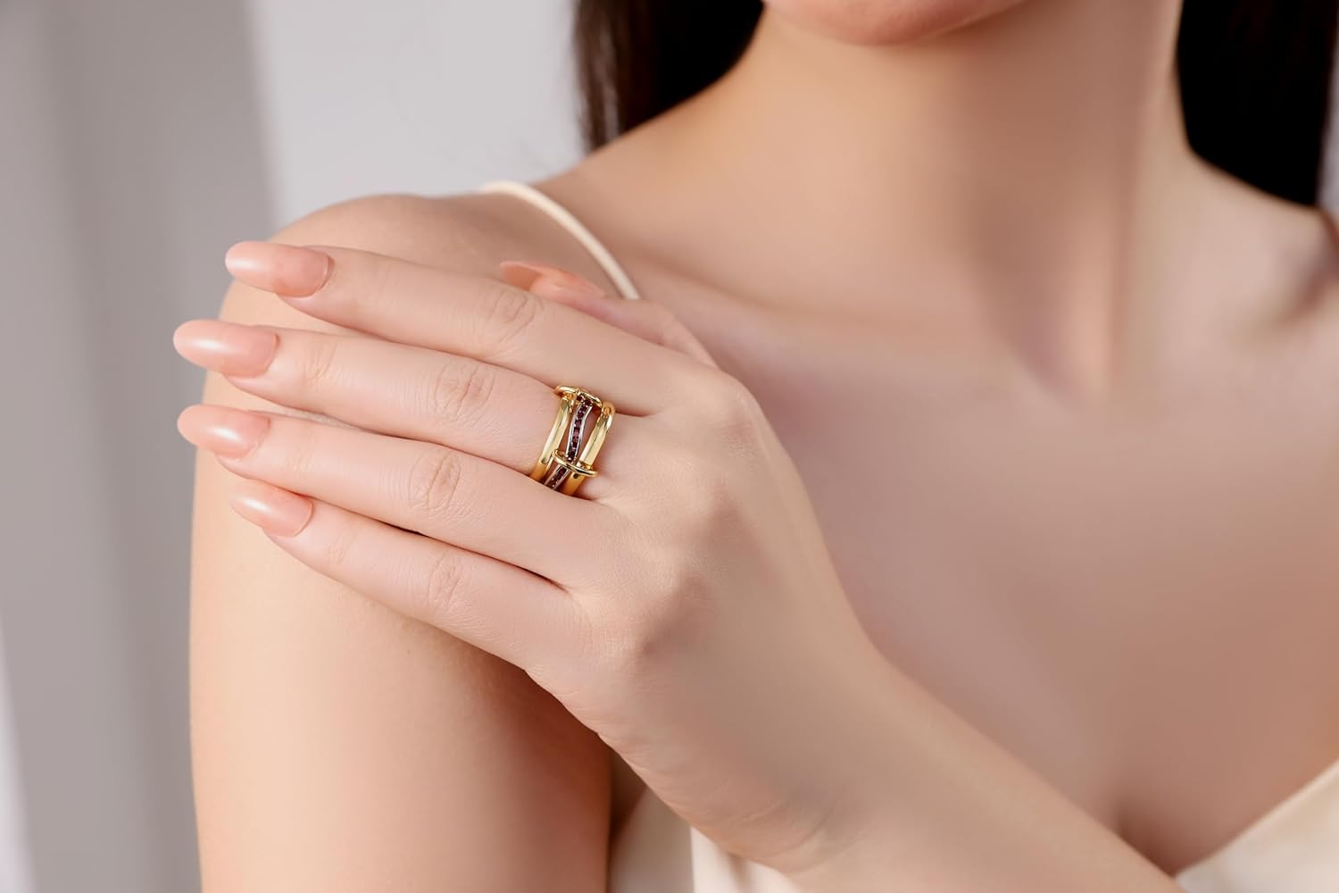 Two-Tone Interlocking Birthstone Ring for Women – Eternity Connected Band, CZ Cubic Zirconia, 14K Gold Plated Spinning Ring, Non Tarnish, Multi Mixed Metals Statement Fashion Rings - Muses Art Design - Image 3