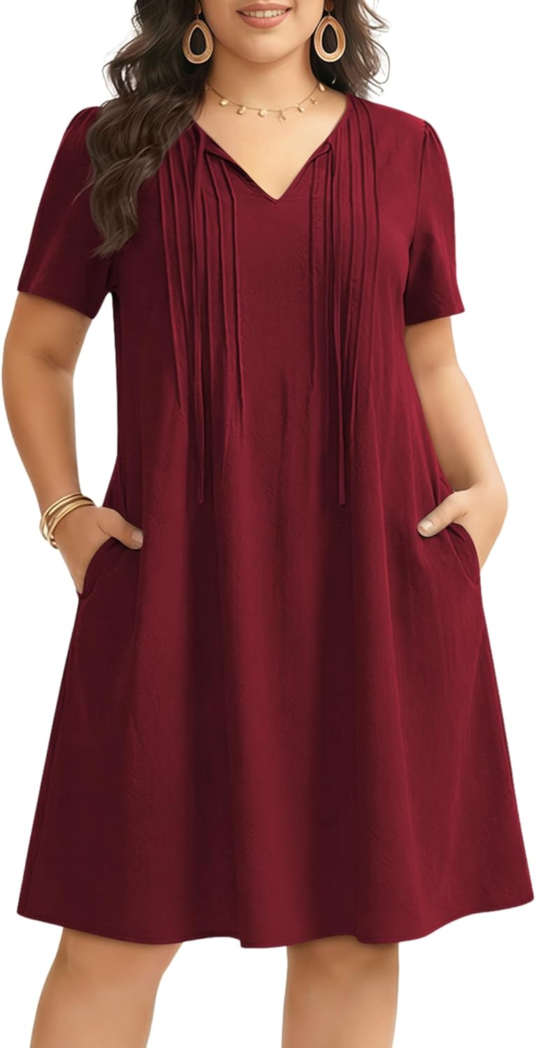 Manllenshie Women's Plus Size Casual Work Business Daily Dress Summer Short Sleeve V Neck Pleat Dresses with 2 Pockets