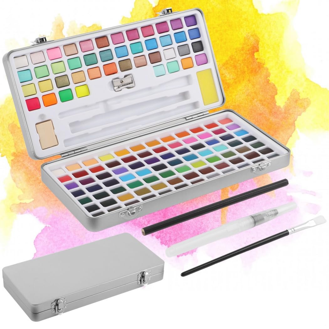 Aquarellfarben-Set mit 128 Farben, mit Eisen-Box und komplettem Kunstbedarf, inklusive Pinseln, Bleistiften und mehr