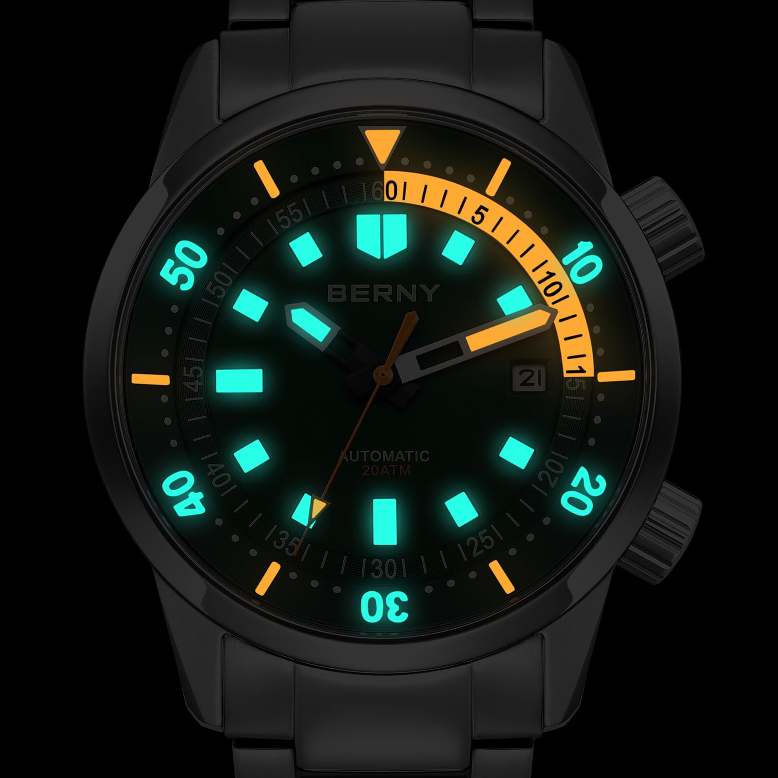 BERNY Automatische Uhr für Männer Taucheruhr 20ATM Mechanische Armbanduhr Saphirglas Bequeme Edelstahl Uhrenarmband Super leuchtende Männeruhren