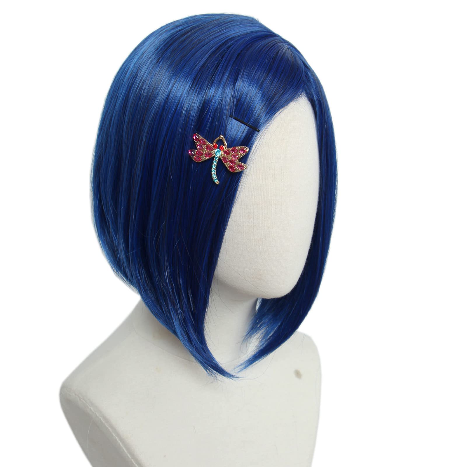 Linfairy Cosplay Dark Blue Bob Short Straight Synthetic Wig with Hairpin for Women Halloween Costume Party Cosplay Wig (Small) - Image 3