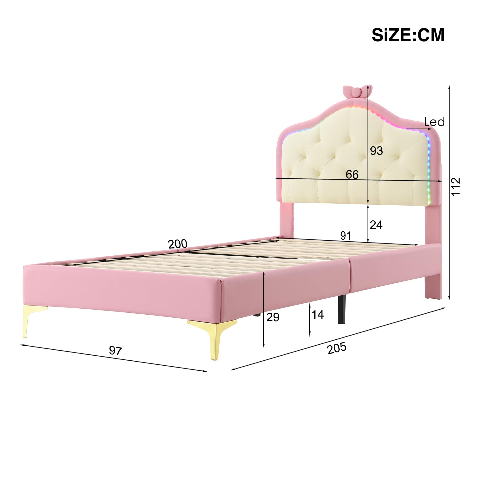 Cama tapizada mágica de princesa: rosa y blanco, 90 x 200 cm, cabecero con forma de nube con lazo y tiras LED, piel sintética, cama individual para niñas, ideal para habitación infantil con somier de