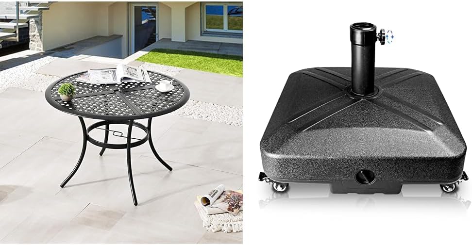 LOKATSE 42.1" Outdoor Round Wrought Iron Patio Dining Table with Umbrella Hole and RAOKUKH Heavy Duty Patio Umbrella Base with Wheels