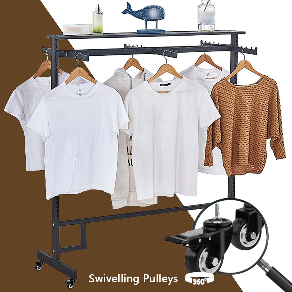 Black Clothing Racks with Removable 6/8 Arms Floor Standing Metal Garment Rack with Wheels Heavy Retail Display Racks Shirt Clothes Display Stand for Boutiques (59 * 19.6 * 61.02in)