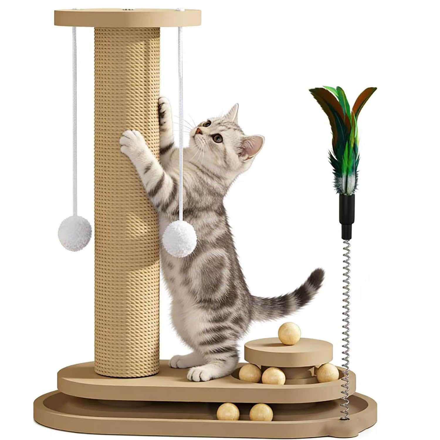 Chiziyixin Cat Scratching Post, Multifunctional Scratching Posts for Indoor Cats, Kitten Scratcher Furniture with Solid Wooden Base, Interactive Track Ball Toys, Spring Feather, 42cm Tall