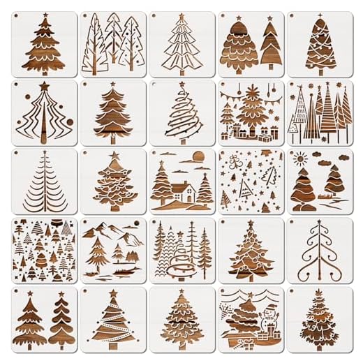 MWOOT 25 Piezas Stencil Plantillas Pintura Navideños, Reutilizable Christmas Tree Painting Templates, DIY Dibujo de Plantillas de Pintura para Tarjeta Regalo, Lienzo, Fiesta Decoración (10.2x10.2cm)