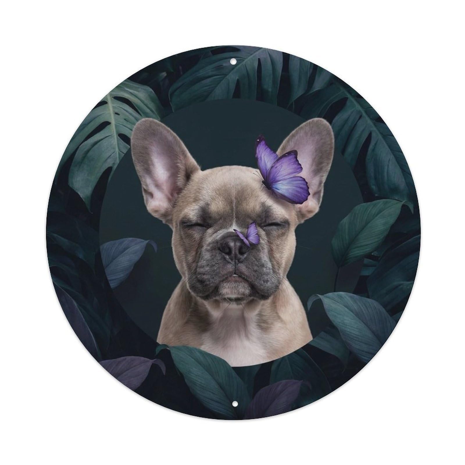 Violet Butterfly French Bulldog Puppy Kawaii Pet Dreamy Metal Tin Sign Plaque Wall Decor for Cafe, Man Cave, Club Bar, Office, Home Garden Round Metal Poster 8x8Inch