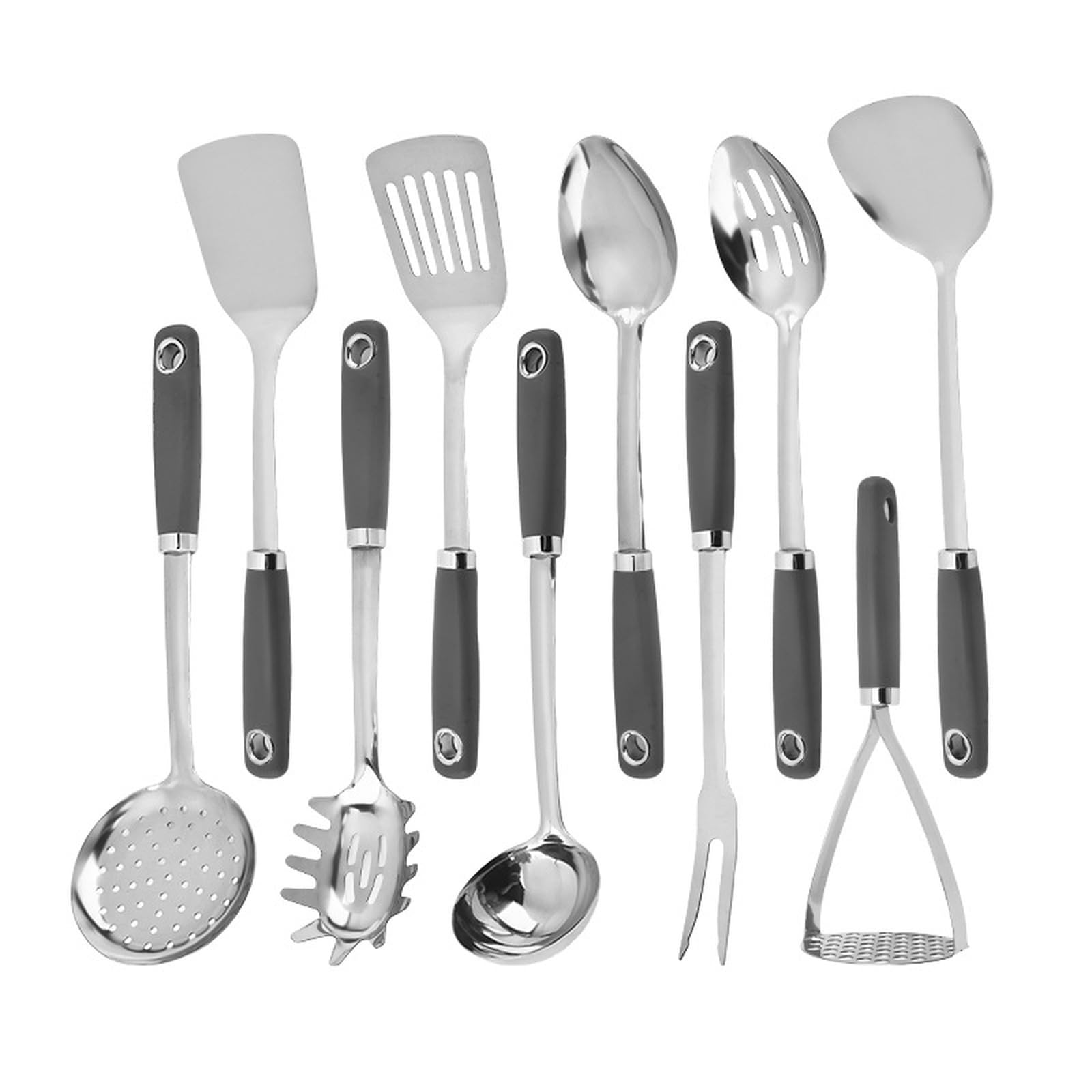 Kochutensilien-Set aus Edelstahl: Hitzebeständiger Pfannenwender, Suppenkelle, Pfannenwender, Pastalöffel, Kartoffelstampfer, Fleischgabel, Kochwerkzeuge, Kochgeschirr