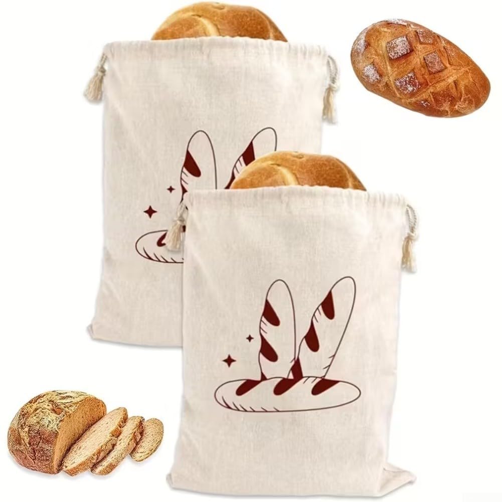 Brotbeutel Leinen 4er Set Waschbar Atmungsaktiv Kordelzug Aufbewahrungstasche für Brot Obst Gemüse 30x40cm