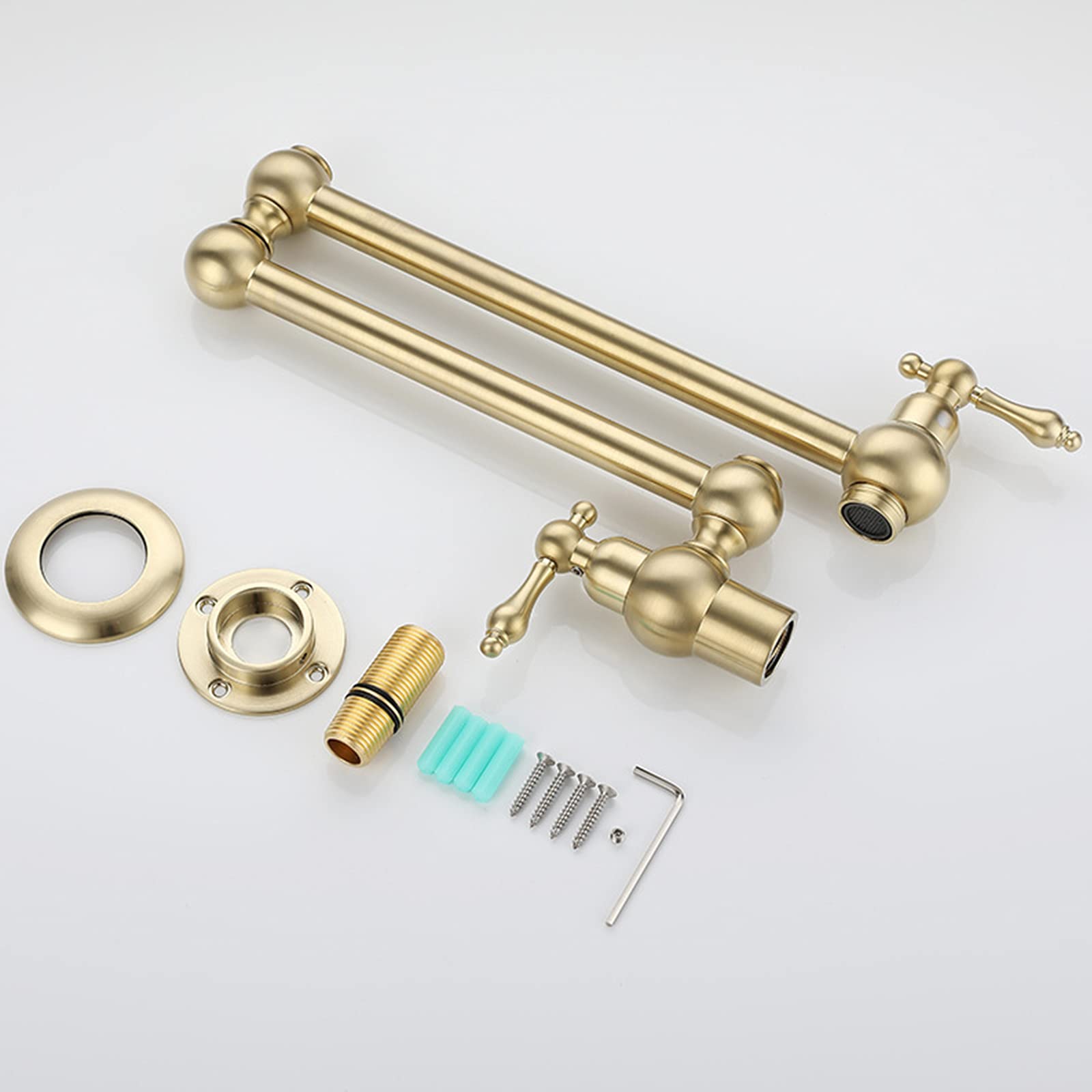 Rubinetto per Riempimento Pentole, Rubinetto da Cucina in Ottone A 2 Maniglie A Parete, Rubinetti Singolo Freddo Pieghevole con Rotazione A 360 °, con Bracci Oscillanti A Doppio Snodo,Brushed Gold