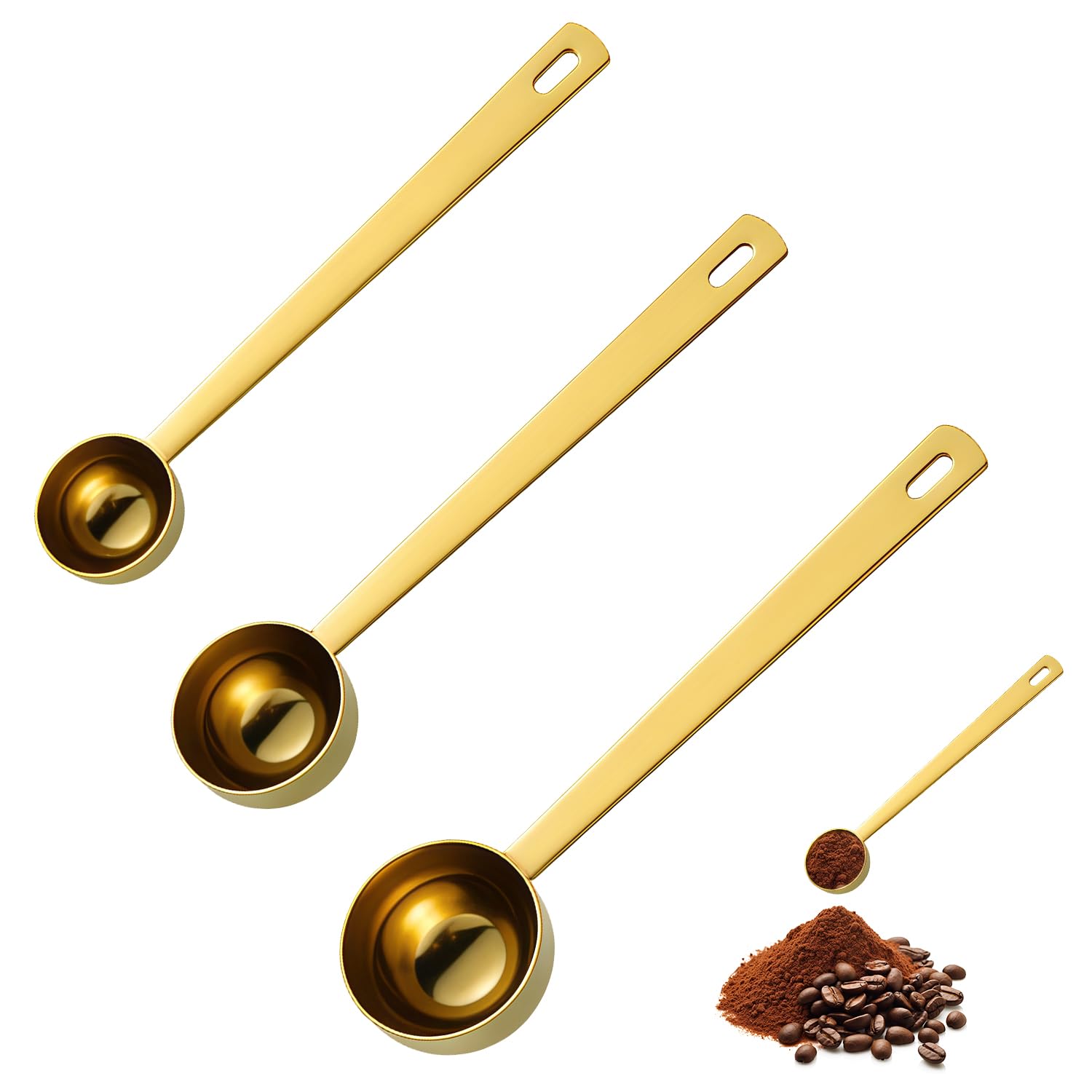 Pack of 3 Tablespoon Measuring Spoon, Stainless Steel Coffee Scoop with Long Handle, 5 ml 10 ml 15 ml Scoop for Powder, Teaspoon Measuring Spoons for Ground-Coffee, Loose Tea, Milk Brewin (Gold)