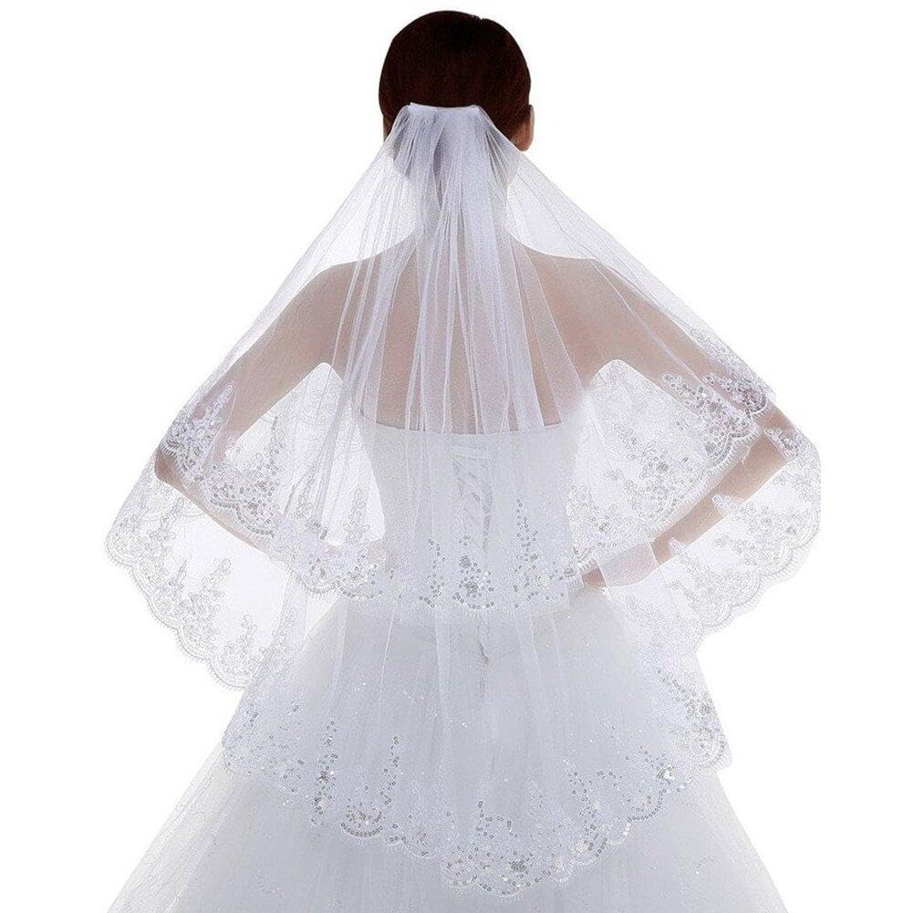 Sanfly White 2-Tier Wedding Veil Lace Bridal Veils Soft Bridal Tulle Wedding Veil With Comb Hair Accessories For Party Show