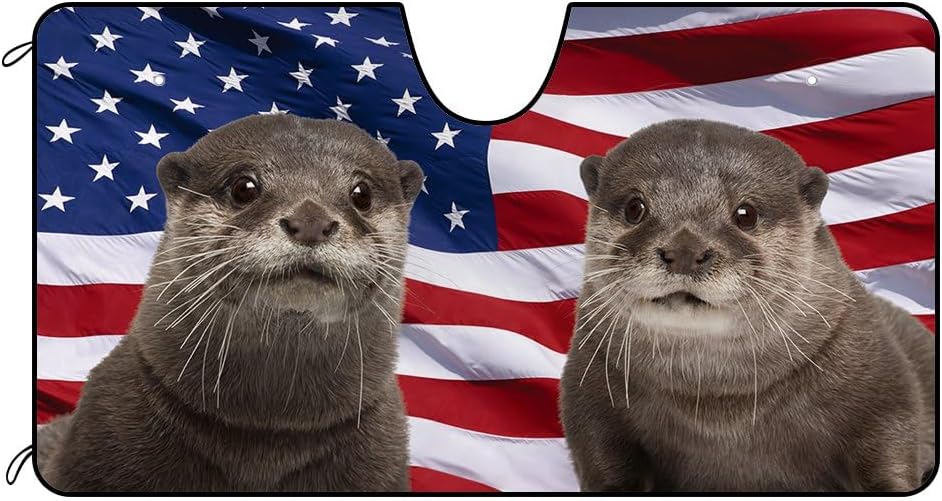 Funny Otter Couple Windshield Sunshade for Car SUV Truck 4Th of July US American Flag Car Front Windows Sunshade Sun Visor Protector 51 X 26.8 Inch