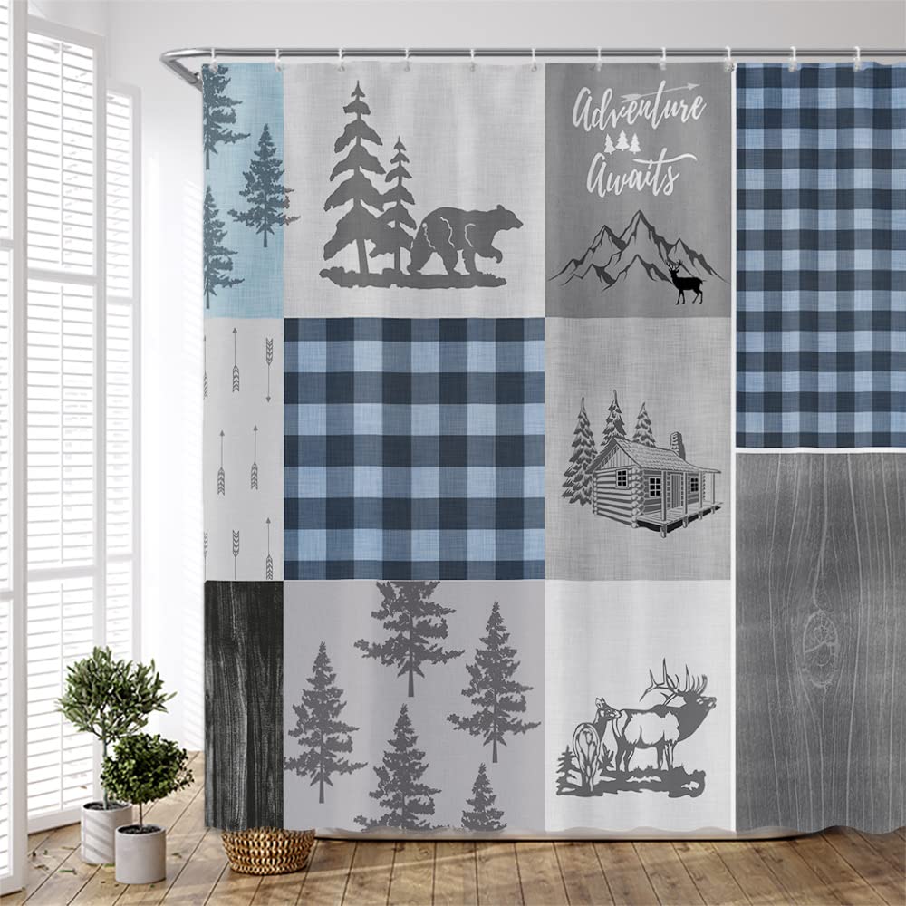 Rustic Autumn Shower Curtain Retro Cabin Lodge Bear Moose Deer Elk Mountain Forest Farmhouse Adventure Awaits Buffalo Plaid Fall Country Hunting Style Bathroom Polyester Fabric Curtains 70Wx70H inch
