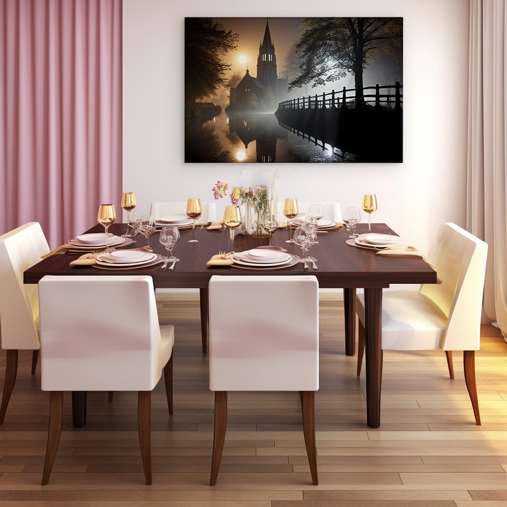 Canvas for Living room. Whispers of Eternity: A Mist-Shrouded Church by the River, 27 x 18 inch Canvas Wall Art - Contemporary Masterpieces - Modern Home Decor