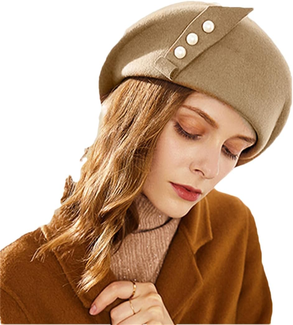 Bciopll Women Winter Wool Felt Fedora Hat for Wedding Fascinators Pearls Berets Caps Pillbox Hat Khaki9 Wool Fedora M (53-57cm)
