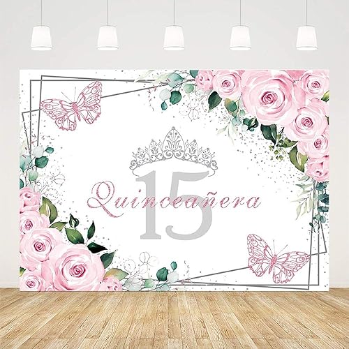 Miniatura 2 de Sendy Telón de fondo de quinceañera de 7 x 5 pies, decoración de fiesta de cumpleaños de 15 años, suministros para niña, princesa, rosa, floral,