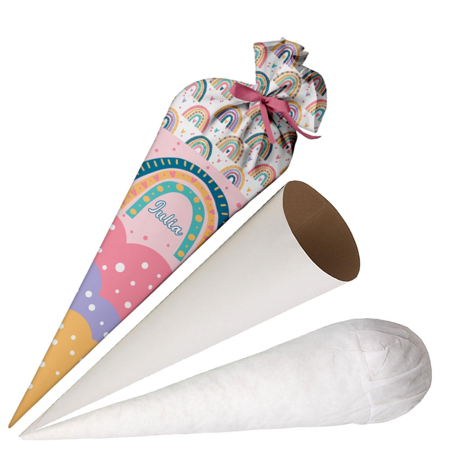 Ferocity Rainbow School Cone School Bag for Girls Made of Fabric, Personalized Bag, 70 cm Sugar Bag with Name, Round Cardboard Blank and Filling, Large Bag as a Pillow [149]