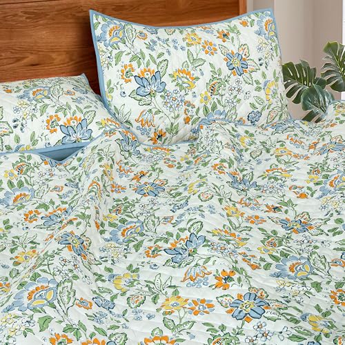 Image of ROYALE LINENS Twin Size 2 pc Quilt Set - Soft Lightweight 100% Microfiber Quilted Set - Printed Bedspread - Quilted Blanket Thin Comforter - Bedding Coverlets for All Seasons (Blue, 1 Quilt- 1 Sham)