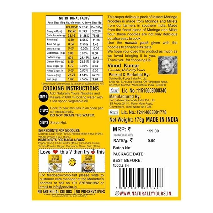 Image of Naturally Yours Moringa Instant Ramen Noodles | Shigru Leaf, Millet & Whole Wheat | No Maida, Not Fried | No Onion No Garlic, Jain Friendly | Ready in 2 Minutes | Masala Inside | 175g Pack of 2