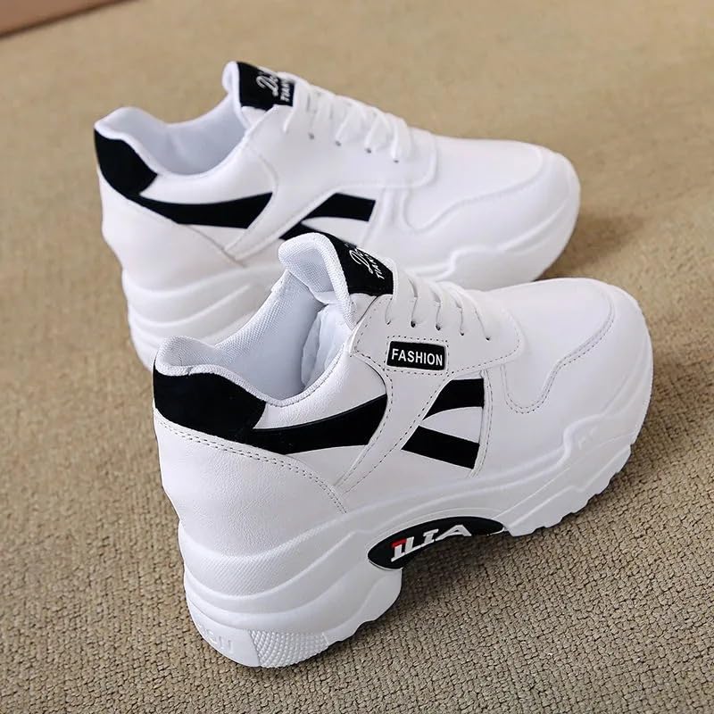 Women's Platform Sneakers White Fashion Casual Shoes with 8cm Hidden Wedge Lift, Comfortable Lace-Up Low Top Sport Shoes for Women3