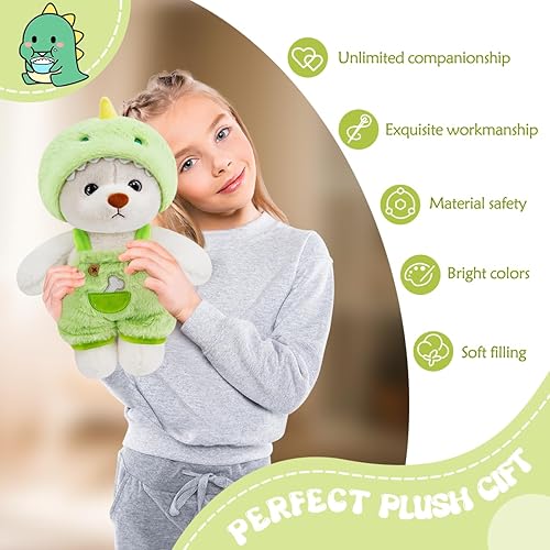 Miniatura 6 de VYUSIT Oso de peluche, pequeño y lindo oso de peluche, juguetes de peluche transformables con ropa y sombrero (dinosaurio verde, 10 pulgadas)