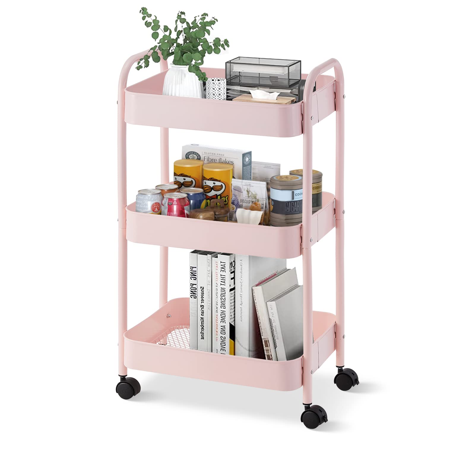 CLIPOP 3-Tier Storage trolley Metal Rolling Utility Cart with Handle and Lockable Wheels, Mobile Serving Trolley for Kitchen Bathroom Bedroom Office Storage