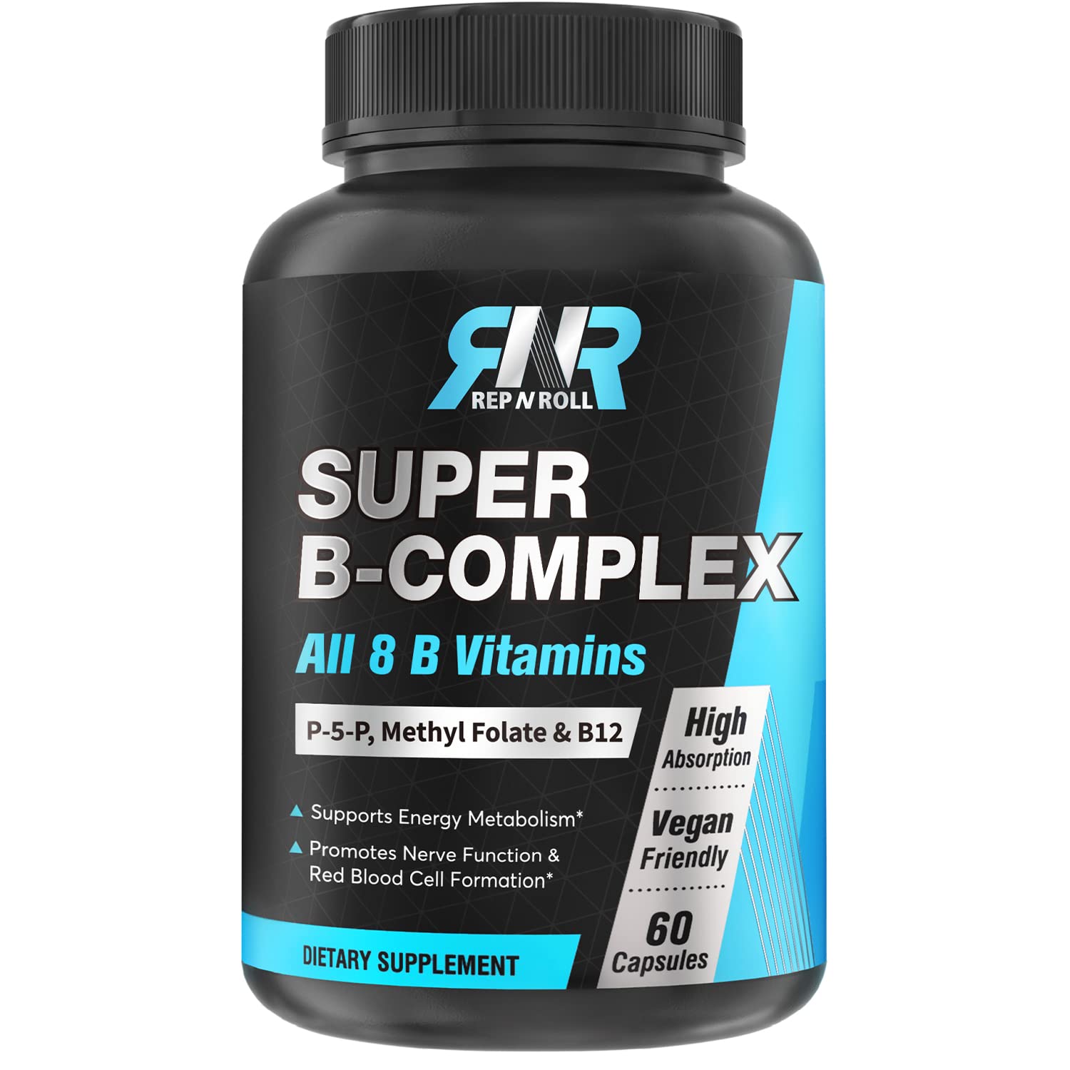 Super B Complex, 8 Bioactive B Vitamins, with Methyl Folate, Methyl B12, P-5-P (Vitamin B6), D-Biotin, Niacinamide, High Absorption, Non GMO, Energy Production Support, 60 Vegan Caps