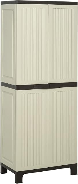 Outsunny Tall Plastic Utility Cabinet Garden Tool Shed Patio Double Door Storage Closet Wardrobe w/ Four Adjustable Shelves, 65x37x172cm, Beige