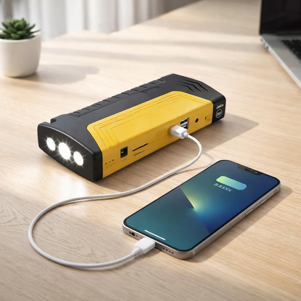 Avviatore Auto Portatile Jump Starter 12V con Power Bank USB, Torcia LED Integrata, Cavi con Pinze di Sicurezza, Batteria Emergenza per Auto Moto SUV – Compatto e Facile da Usare