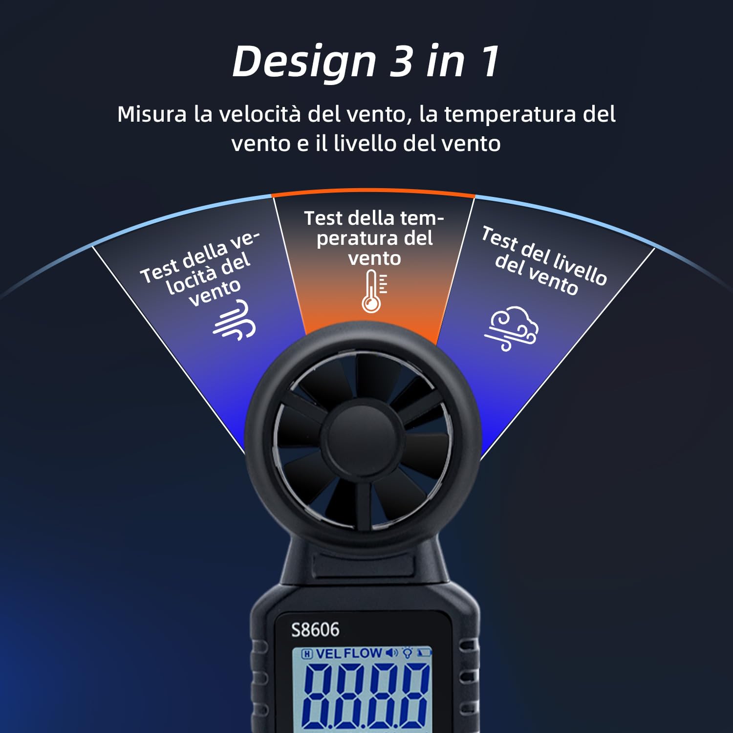 Mcbazel 3 in 1 Anemometro Digitale con Display LCD, Misuratore di Velocità del Vento Tester Velocità Flusso Aria Termometro per Esterni, Droni, Caccia, Pesca