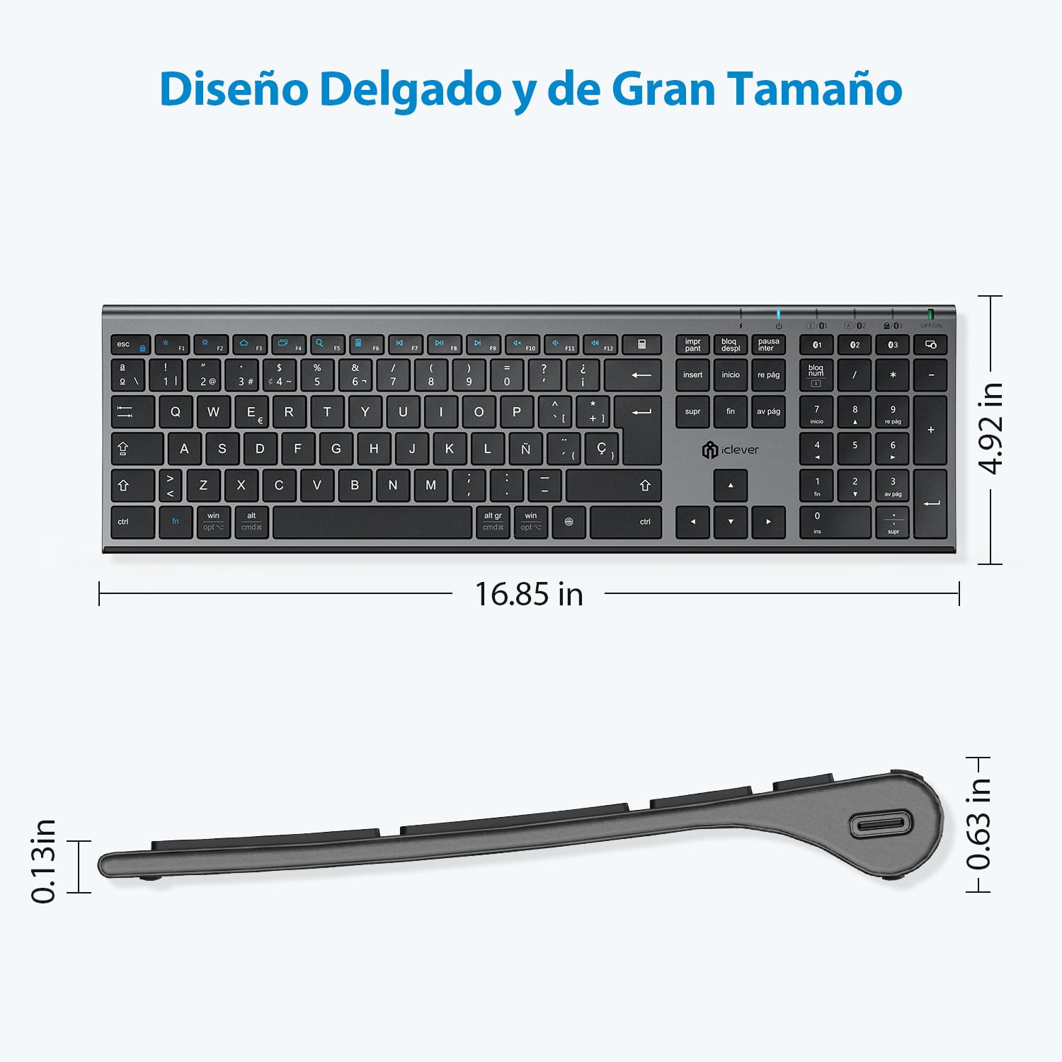 iClever Teclado Bluetooth BK23-QWERTY Español Teclado Inalámbrico para Mac con Batería Recargable Tamaño Completo Dedo Multidispositivo Multi-OS Gris Negro