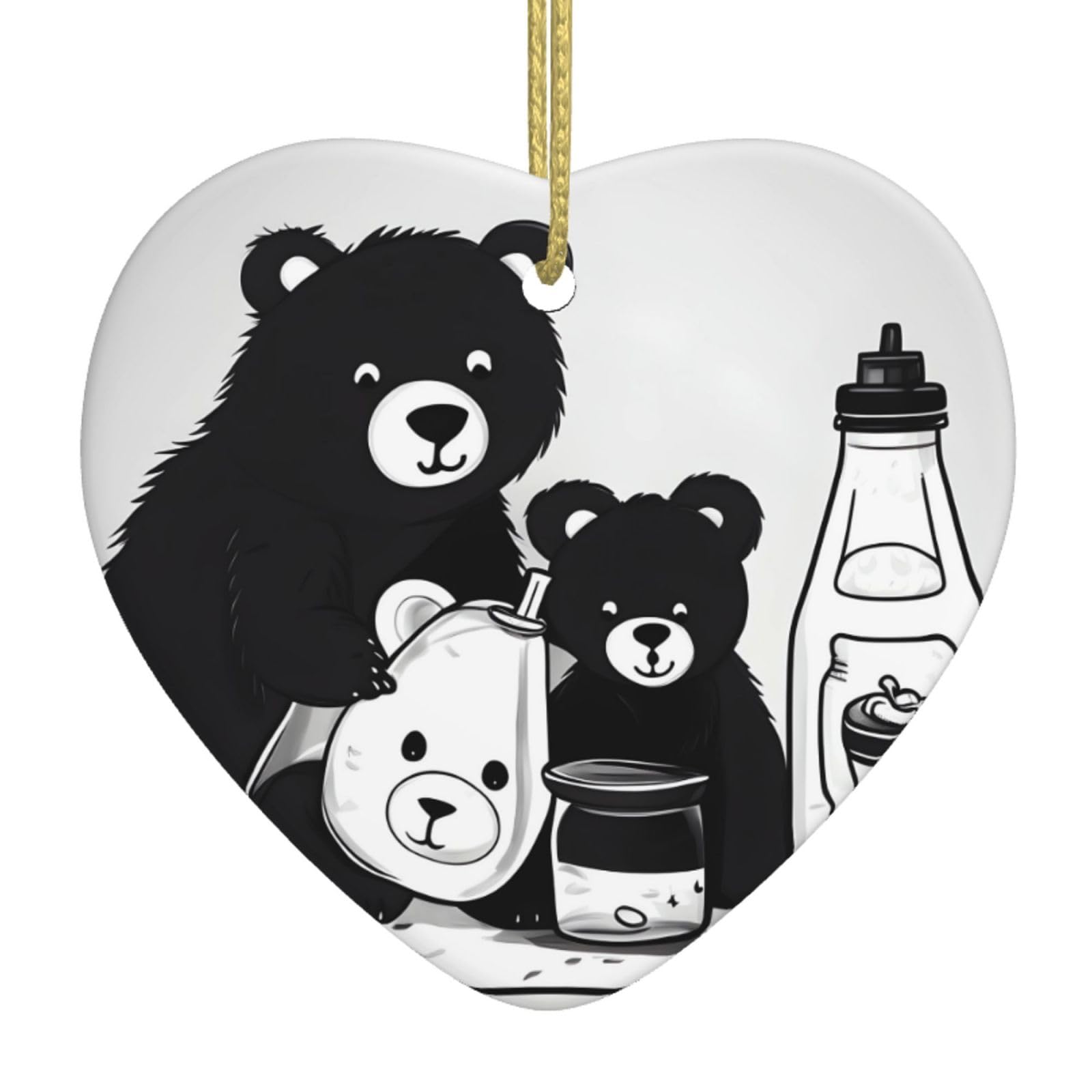Cute Milk Bottle Bear Ceramic Christmas Heart Pendant with Silk Thread, Christmas Tree Home Decoration