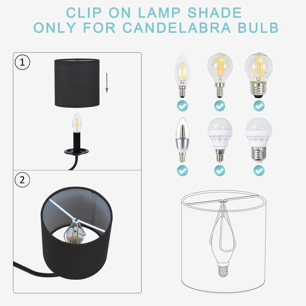 Lampwell KIKI Black Clip-on Chandelier Lamp Shades Set of 6, 5"5"H5", Mini Fabric Drum Shades, For Candle Bulb and Small General Bulb