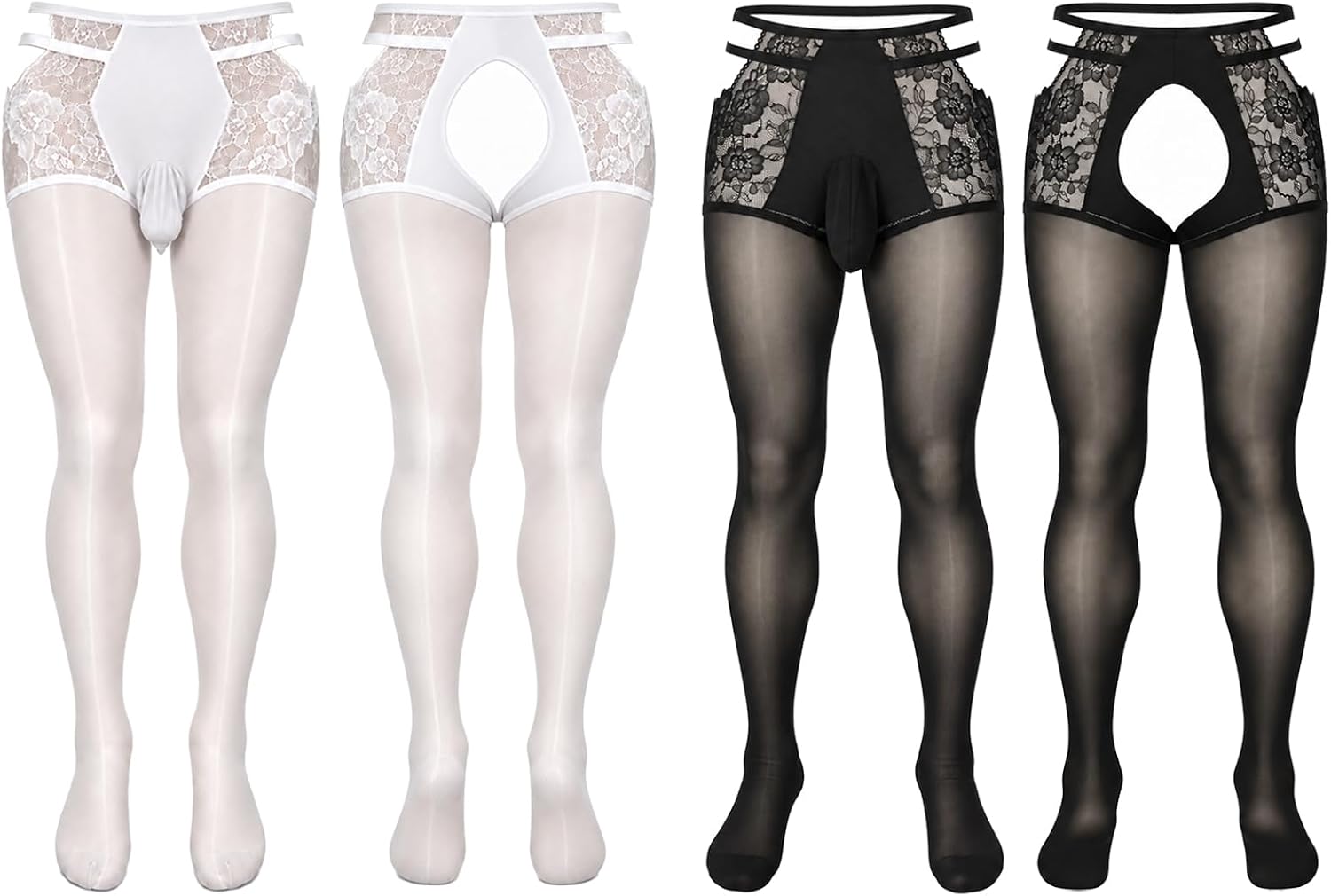 Men's High Waist Pantyhose Briefs Lace Panels and Contour Pouch