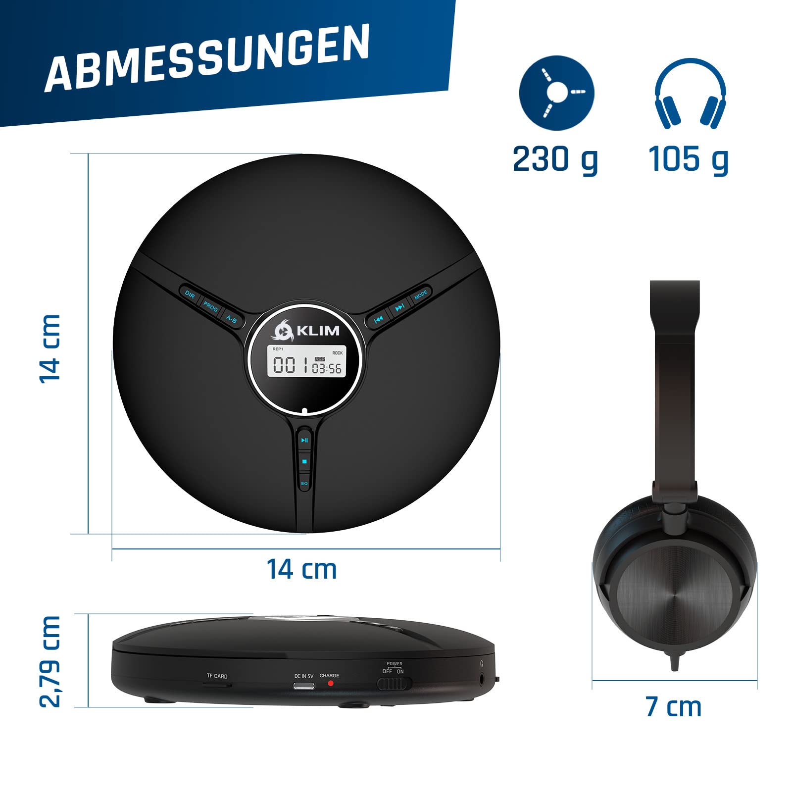 KLIM Discman mit Kopfhörer - Tragbarer CD-Player mit Kopfhörer - mit eingebautem Akku - NEU - Kompakter Mini Portable CD Player, kompatibel mit CDR, CDRW und MP3