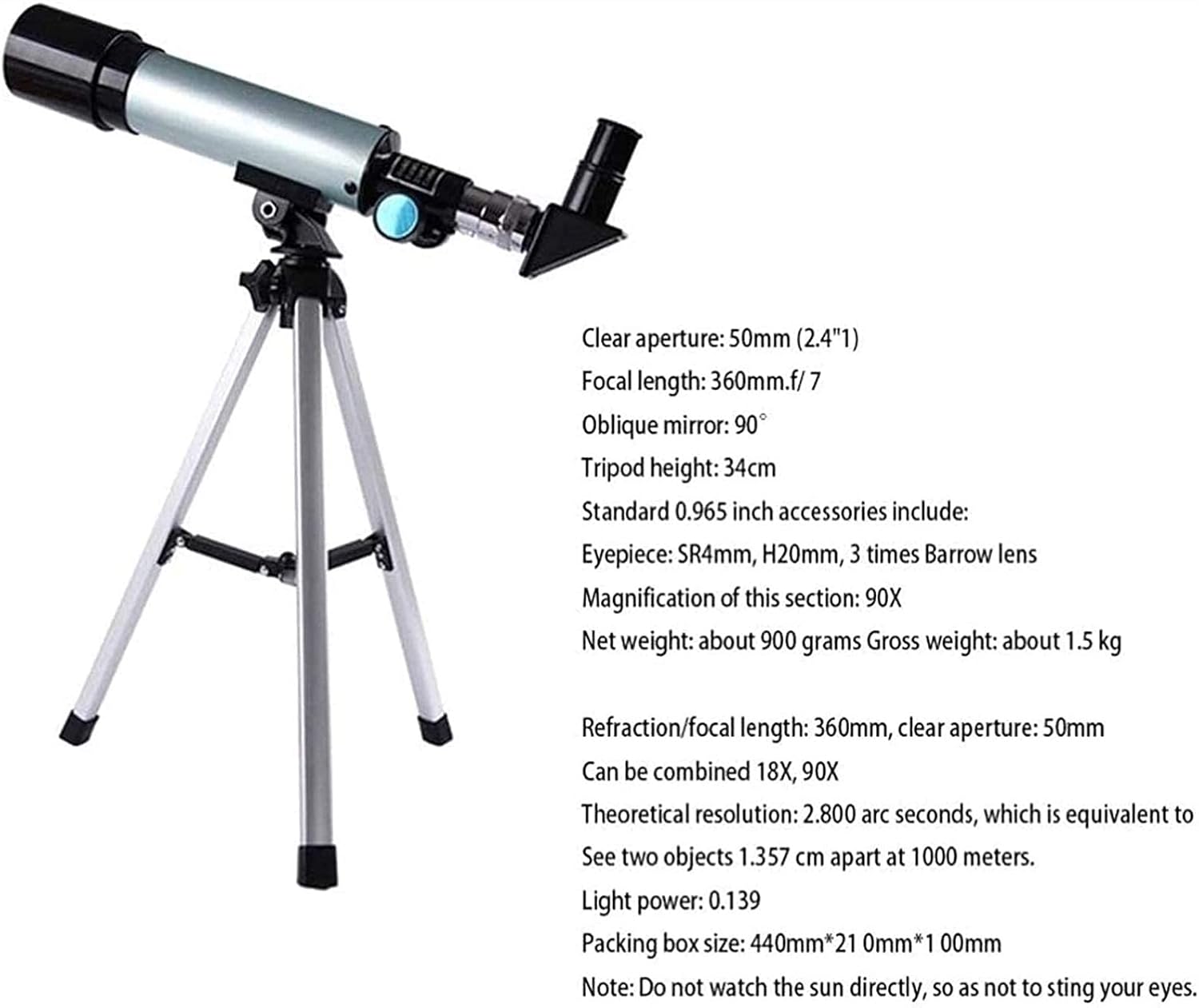 Space Astronomic for Beginners Adults 50mm Astronomical Refractor Telescopes Children Spotting Scope with Eyepieces Trip (Color : White)