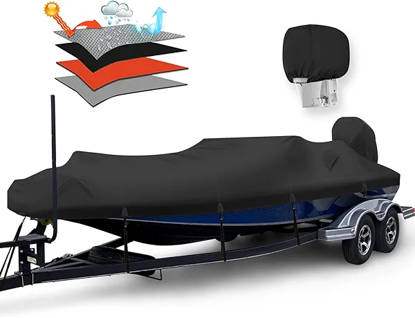 Solim Waterproof 1200D PU Boat Cover with Motor Cover, Heavy Duty Marine Grade Trailerable Polyester Canvas, Fits 20-22ft V-Hull, Runabout, Fishing, Ski Boat with Straps, Black