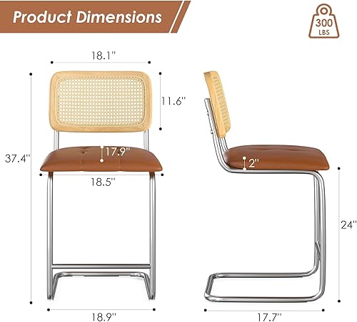 Miniatura 2 de Farini Juego de 2 taburetes de bar tapizados de piel sintética con respaldo de ratán, taburetes de 26 pulgadas, sillas de bar sin brazos para isla