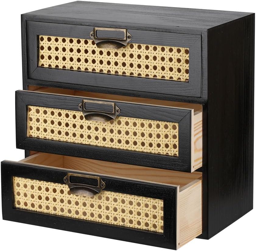 GoooodGift Small Wooden Storage Box Rattan Drawers Wooden