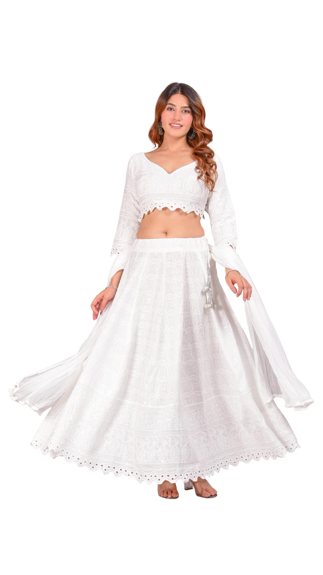 pious LibasWomen's Anarkali Embroidered Solid Stylish Lehenga Set(P203LHW), White, Small