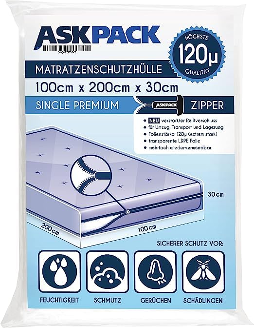 ASK Pack Matratzenschutzhüllen mit Anker-Reißverschluss - 8 Größen, Wasserdicht, Reißfest, Ultra Starkes Schutzfolien Material bis zu 140 mikron, Ideal für Umzug, Lagerung und Transport(90-100x200 cm)