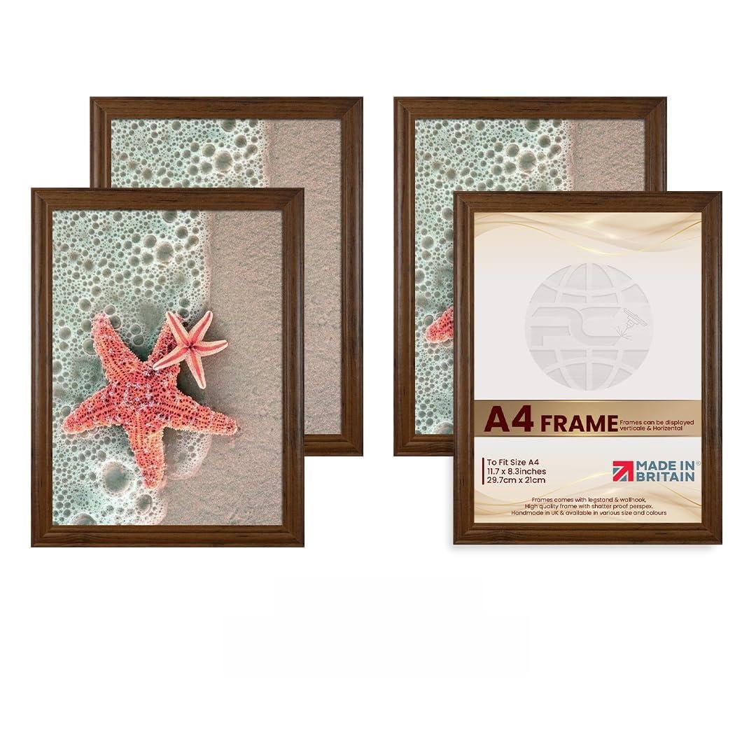 Procut Global Picture Frames A4 Walnut (Pack of 4) - Classic A4 Frames With Safe Perspex Front & Wall Hanging Hooks - Premium Synthetic Wood - Handmade Frames — image 1