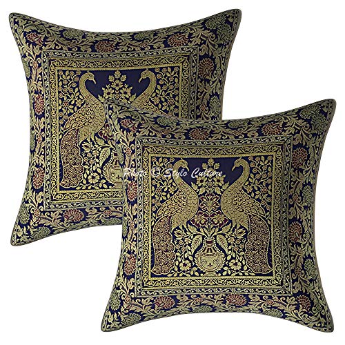 Image of Decorative Brocade Cushion Covers 16 Inch x 16 Inch Banarasi Jacquard Navy Blue & Gold Home Decor Peacock Traditional Square 40x40 cm Zippered Sofa Settee Pillowcases -Set of 2 Pcs