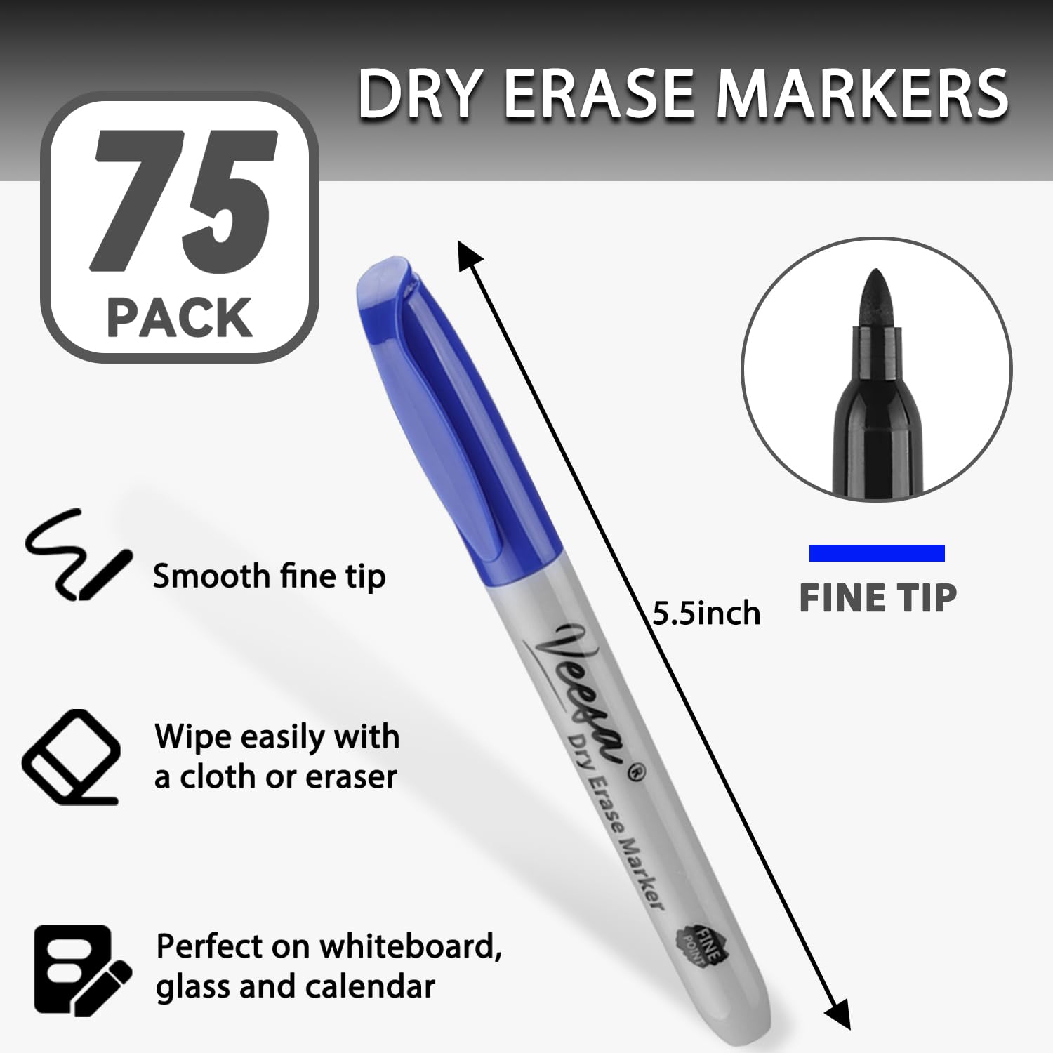 VEESA Pennarelli cancellabili a secco (nero rosso blu), punta fine, 75 pennarelli per lavagna bianca a basso odore per ufficio, scuola, casa