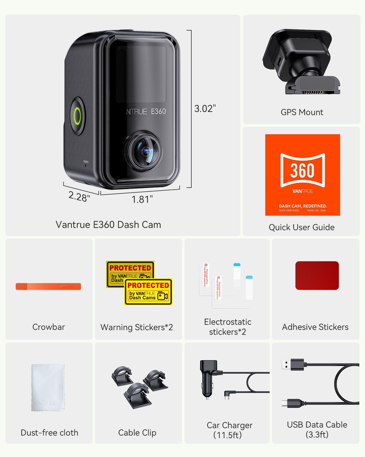 Vantrue E360 Front Inside Dual Fisheye Dash Cam, Front Interior Dual Infrared Dash Camera, Dual STARVIS 2, HDR, Touchscreen, WiFi, GPS, 24H Buffered Parking Mode, Support 1TB Max