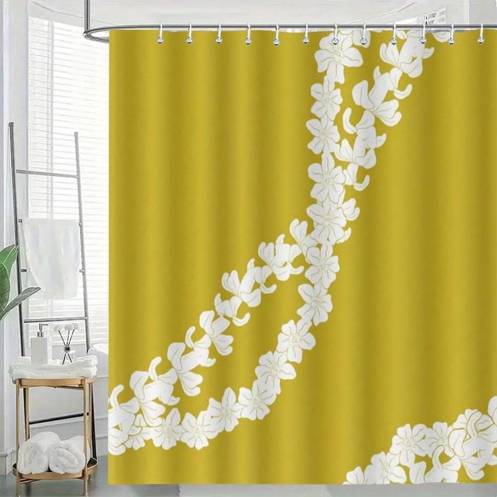 GLKSDLPO Tropical Floral Shower Curtain Mustard Green And White Hawaiian Wreath Pattern Bathtubs, Home And Bathroom Decoration(85x180cm/33x71in(WxH)
