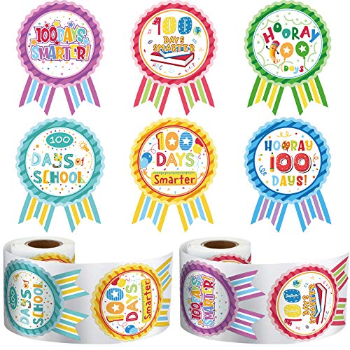 Sumind 204 Pcs 100 Days of School Teacher Reward Stickers Colorful Roll Ribbon Badge Sticker 100 Days Smarter Hooray 100th Motivational Tags for Kids Kindergarten School Party Decoration