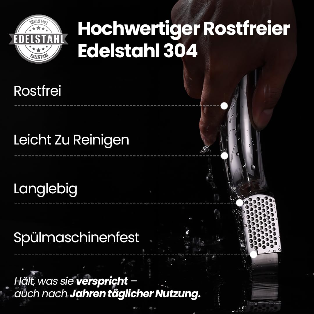 Gourmet Easy Knoblauchpresse, 2 Aufsätze, ohne Schälen, lebenslanger Ersatz | Robuste Knoblauchpresse Edelstahl mit 2 Aufsätzen für feines & grobes Hack, ergonomischer Griff, spülmaschinenfest
