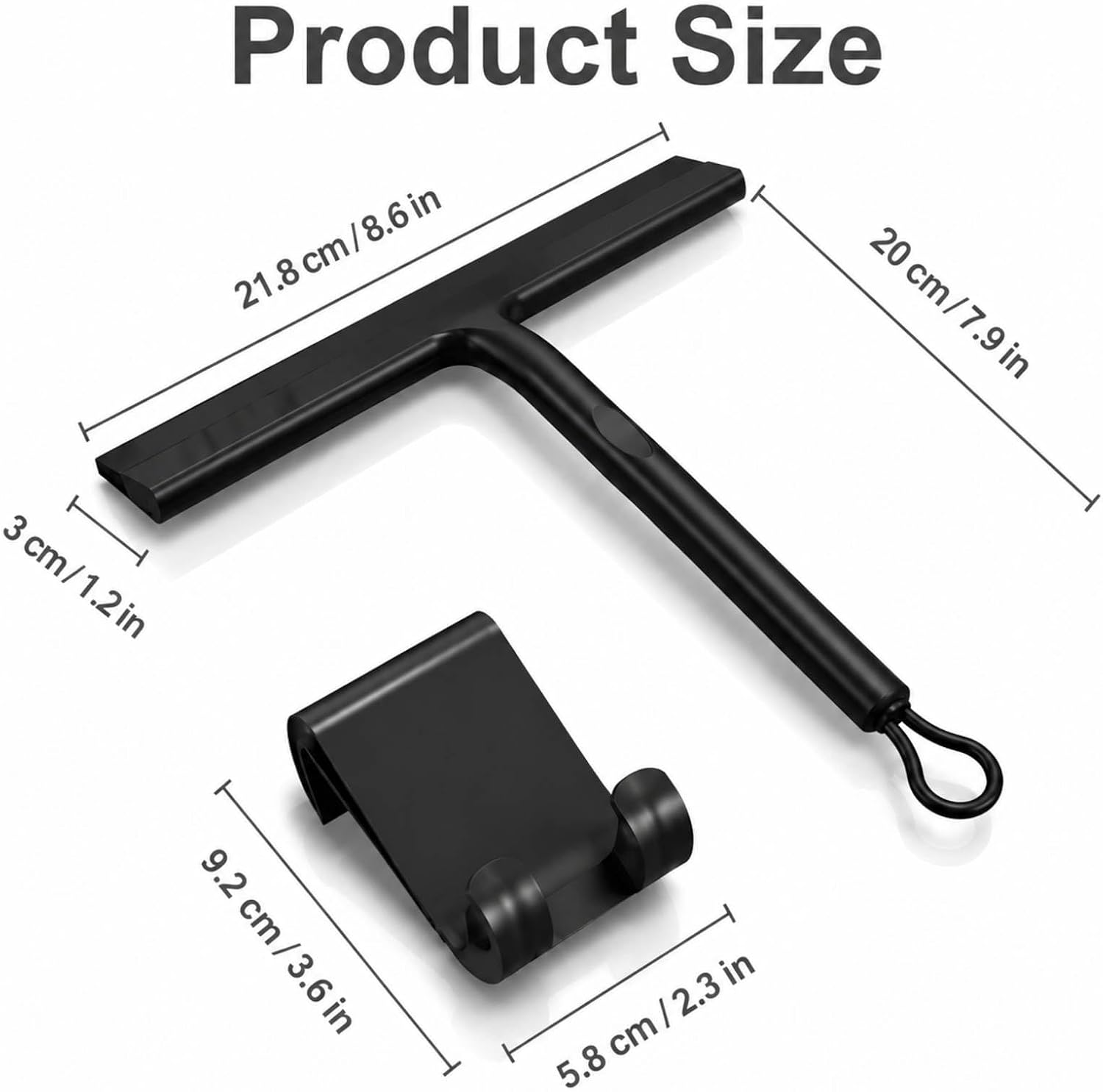 Shower Squeegee Made of Black Silicone, Shower Squeegee No Drilling with Hooks, Water Squeegee Anti-Limescale Spatula for Shower Doors, Mirrors, Windows and Bathrooms